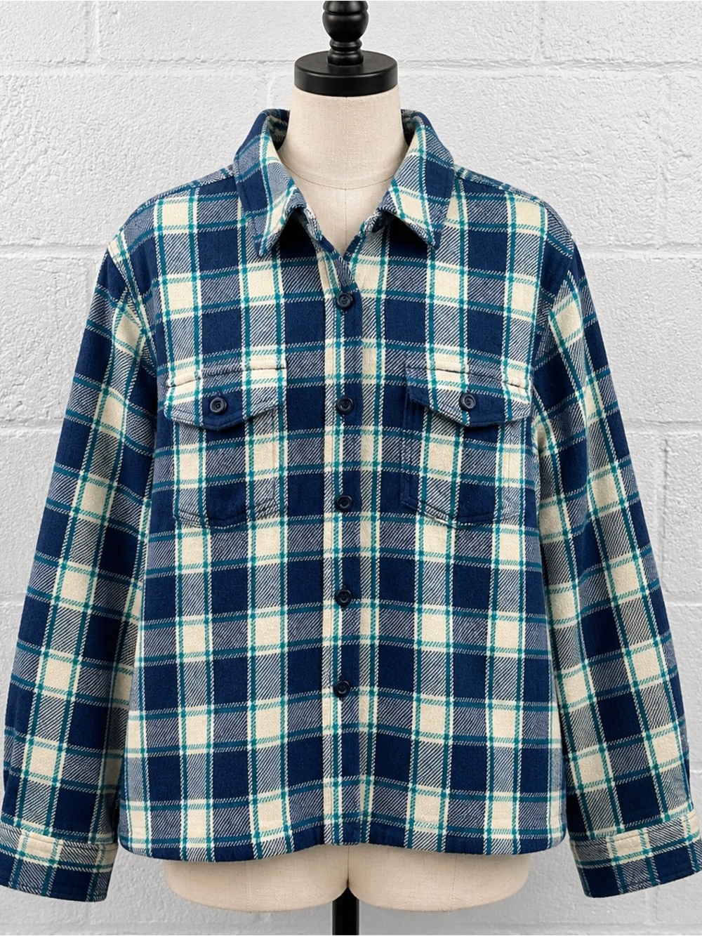 L.L.Bean L Sherpa Fleece Lined Plaid Shacket Navy Teal Cream